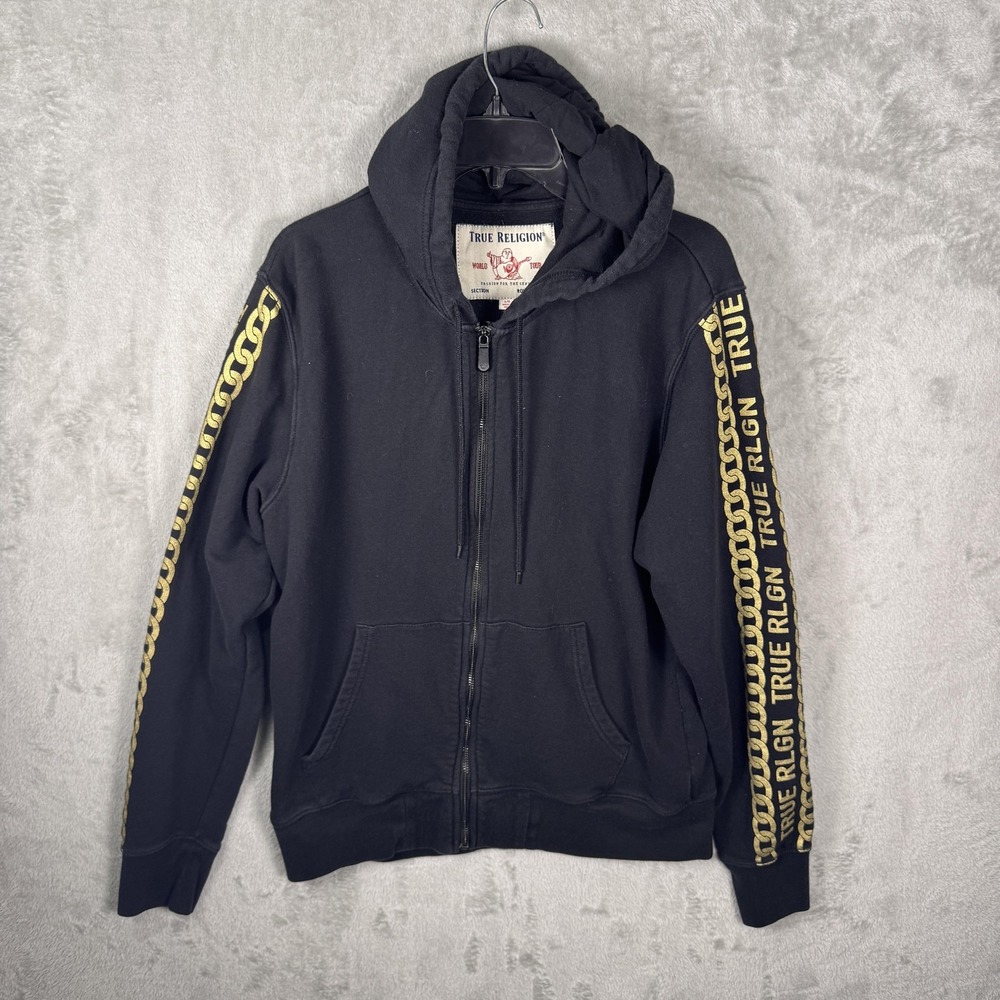 True Religion Hoodie Mens‎ Large Black Full Zip Sweatshirt Gold Chain Sleeve